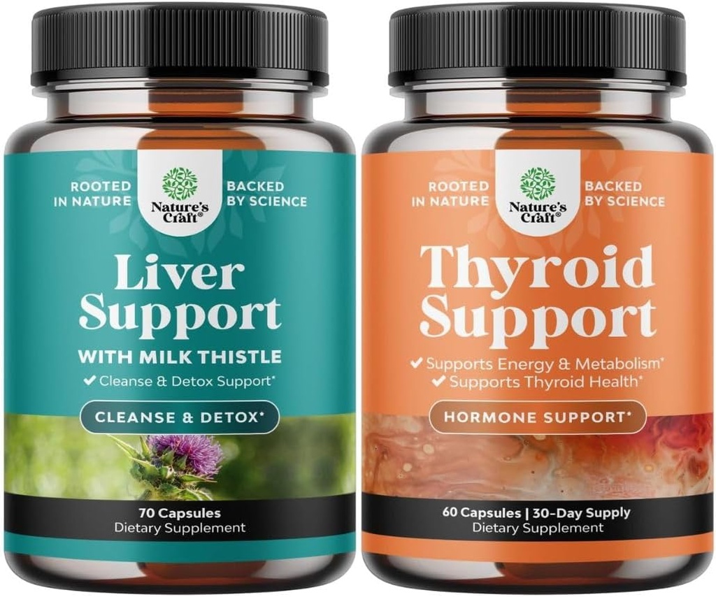 Bundle of Liver Cleanse Detox & Repair Formula and Herbal Thyroid Support Complex - with Milk Thistle Dandelion Root Turmeric and Artichoke Extract - Mood Enhancer Energy Supplement for Thyroid Health
