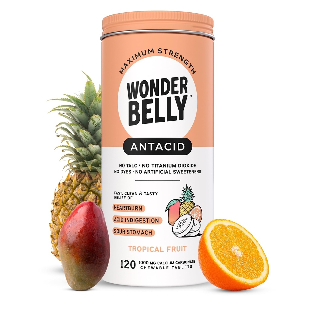 Wonderbelly Antacid, Effective Heartburn and Instant Acid Indigestion Relief, Extra Strength Chewable Tablets, 1000 mg Calcium Carbonate, No Talc or Dye, Tropical Fruit, 120 Count