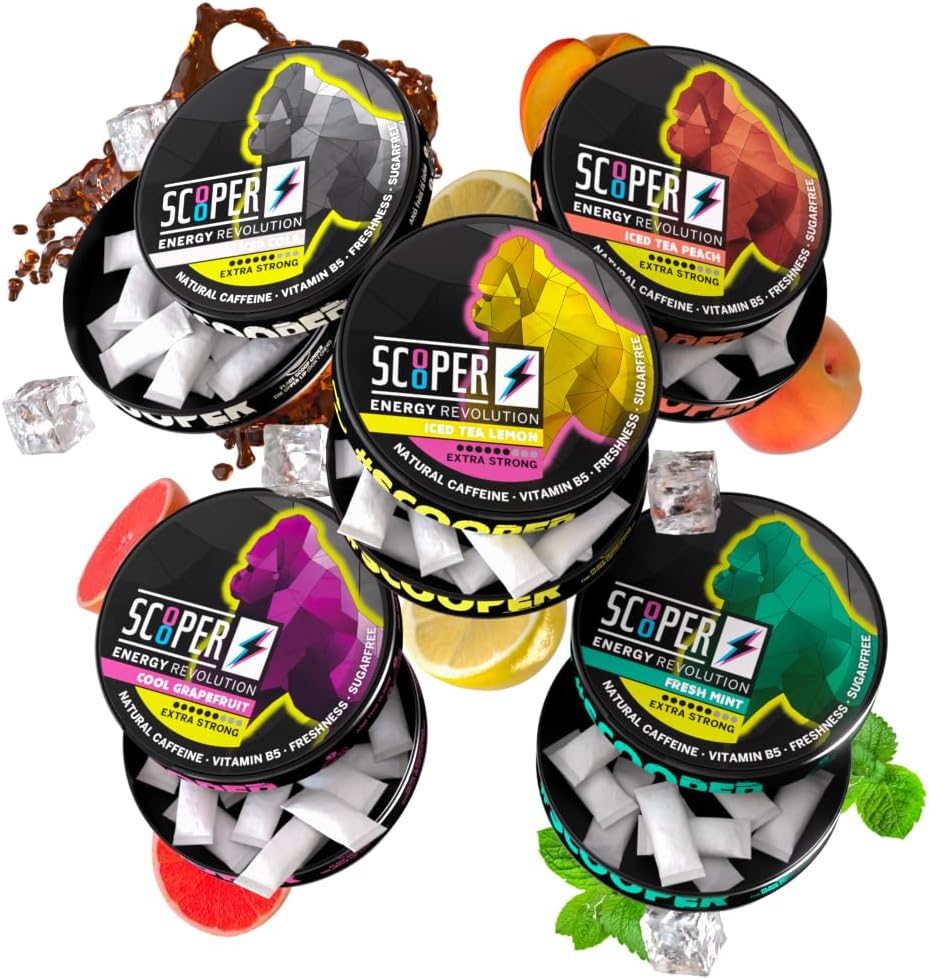 Scooper Energy I 5 cans I All-in-One-Box I Energy Pouches Sugarfree I 80 mg Φυσική καφεΐνη All Flavour Pack I 12 Pouches I Cool Grapefruit, Fresh Mint, Iced Cola, Iced Peach & Lemon Tea