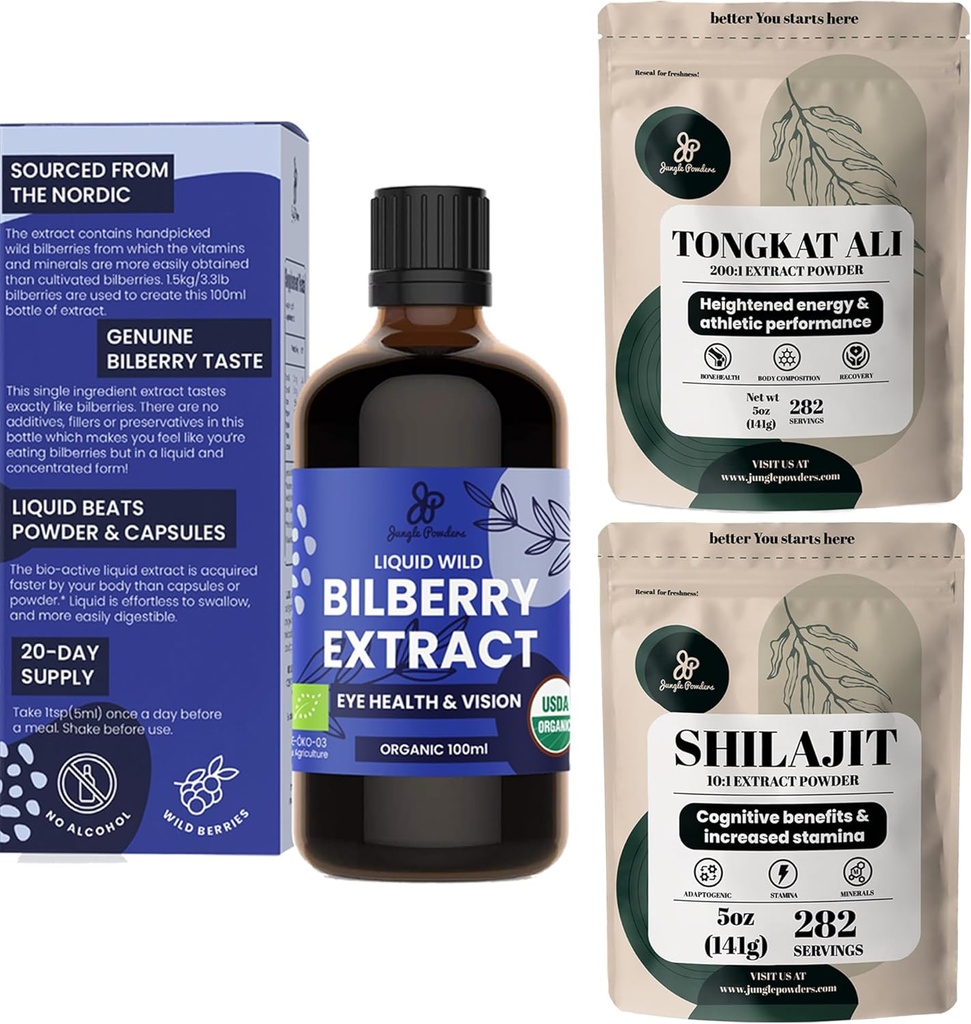 Jungle Powders Bilberry Extract for Eyes Organic Bilberry Supplement for Eyes, Shilajit Powder Raw Shilajit for Men 5 Ounce Bag, Tongkat Ali for Men Powder 282 Servings Tonkat-Ali Longjack Root