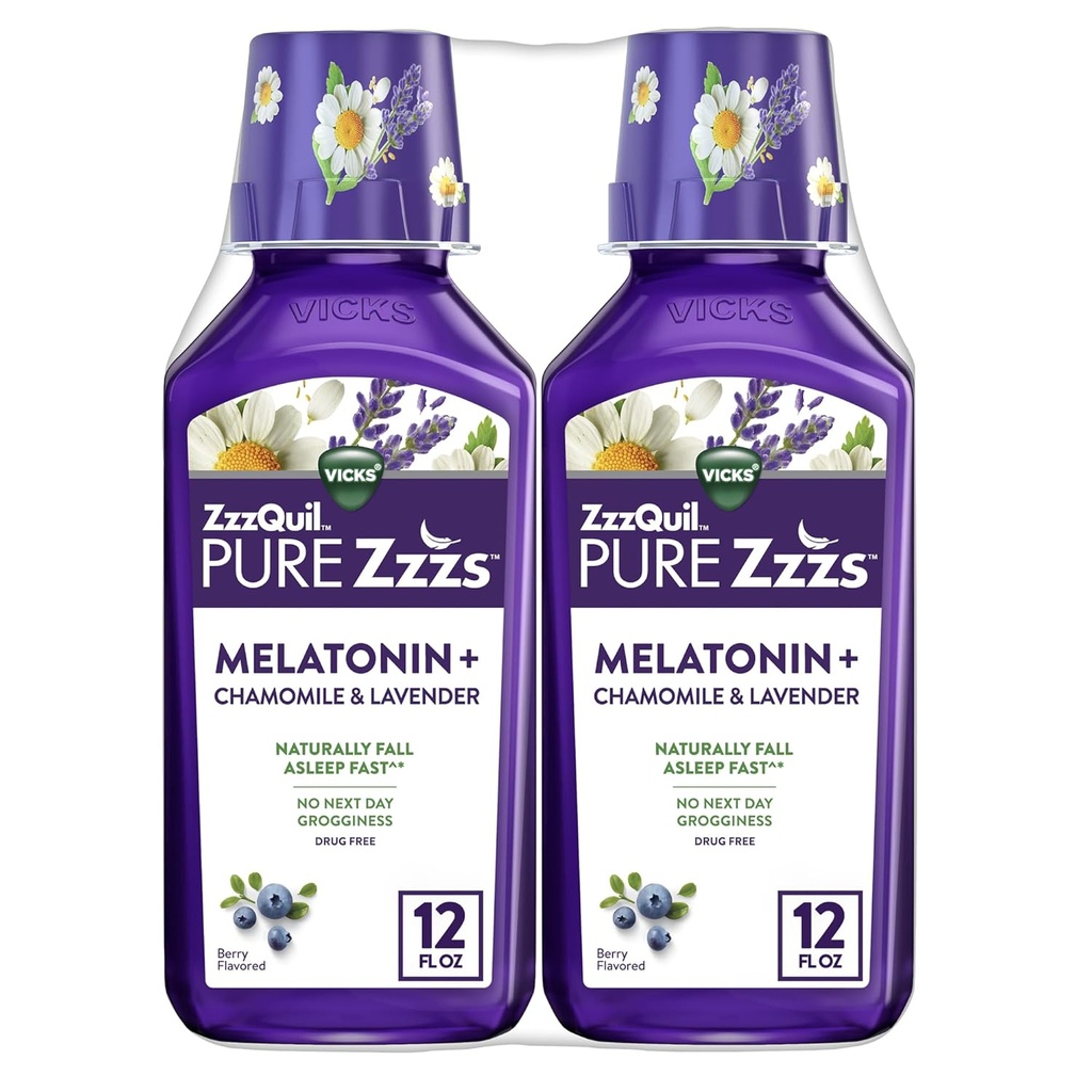 ZzzQuil Pure Zzzs Μελατονίνη Υγρό, Βοήθεια για τον Ύπνο, Υγρή Μελατονίνη 2mg, με Χαμομήλι & Λεβάντα, Πτώση Κοιμάται γρήγορα, Μελατονίνη Βοηθήματα για τον Ύπνο για Ενήλικες, Berry Γεύση, 2 Pack, 24 FL OZ