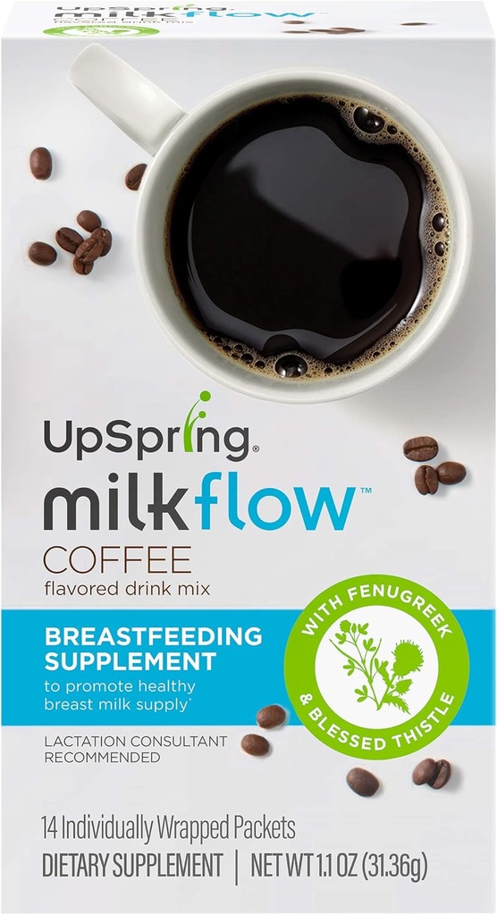 Upspring Milkflow Breastfeeding Supplement Drink Mix with Fenugreek & Blessed Thistle | Coffee Flavor | Lactation Supplement to Promote Healthy Breast Milk Supply | 14 Drink Mixes