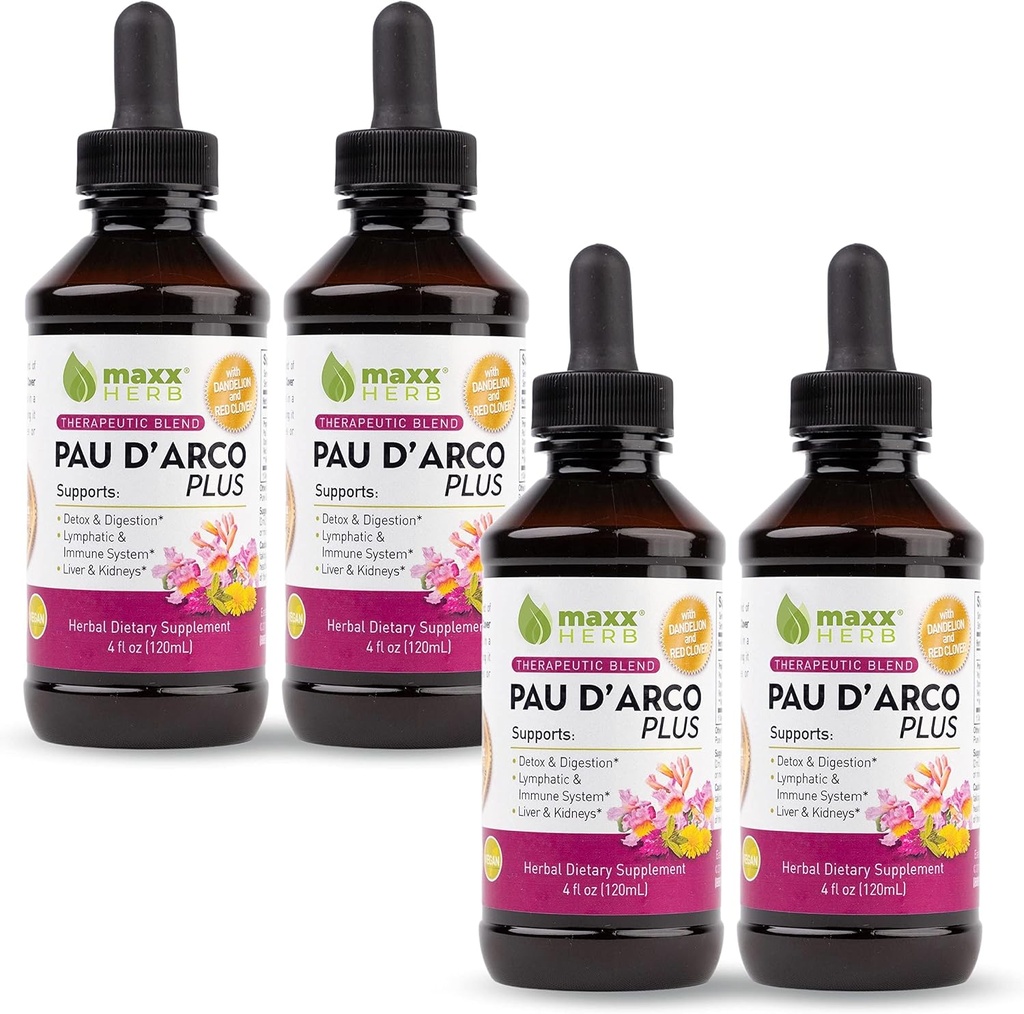 Maxx Herb PAU D’Arco Extract με Dandelion Root & Red Clover Θεραπευτική Μείγμα, PAU Darco Χρώμα Απορροφήσεις Καλύτερα από Taheebo Τσάι ή κάψουλες, για την υποστήριξη του ανοσοποιητικού, 4 μπουκάλια (240 σερβιέτες)
