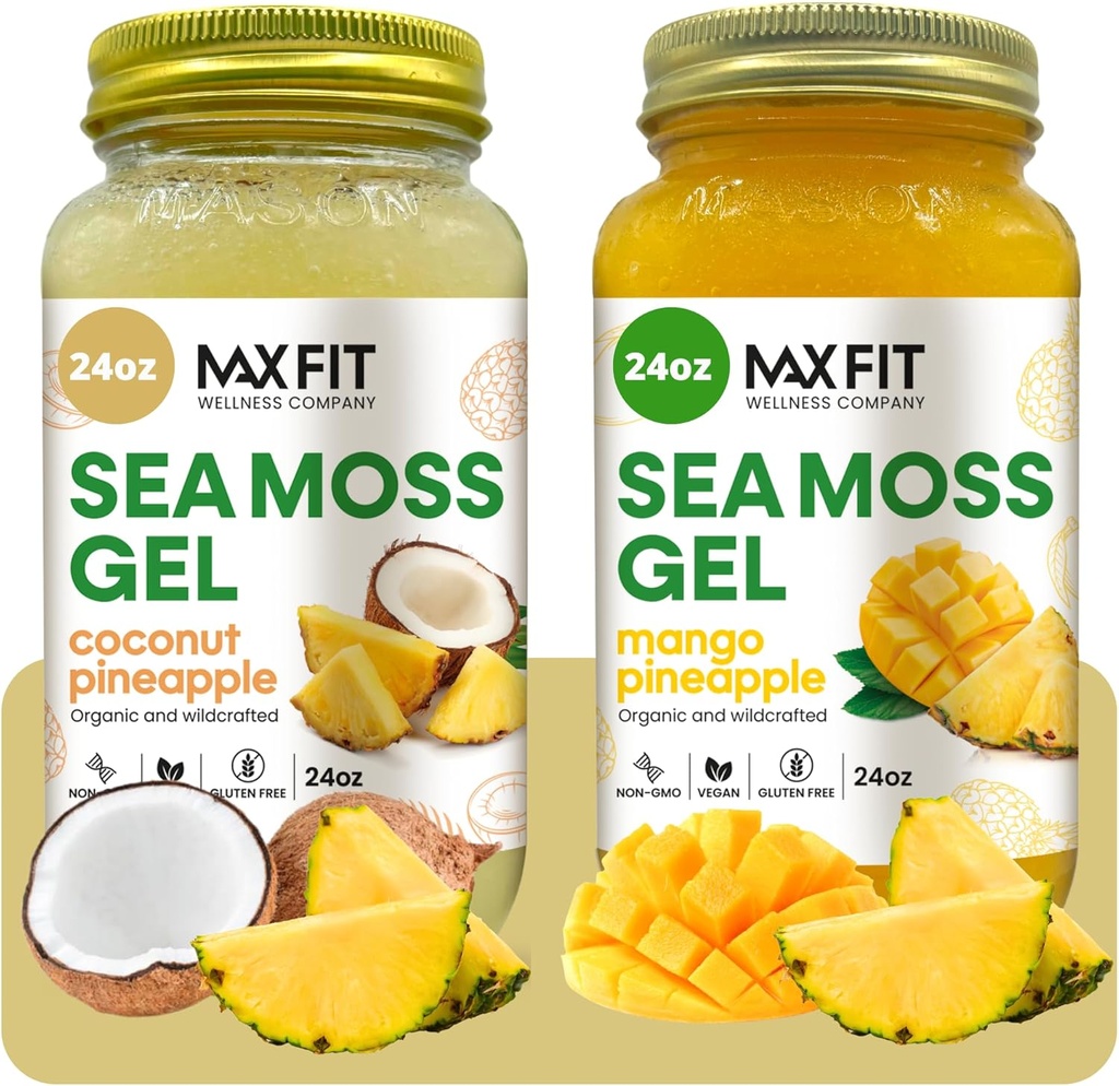 Sea Moss Gel Organic Raw (Bundle of 2 Jars 24oz) Coconut Pineapple and Mango Pineapple Wildсrafted Gold Sea Moss Gel from Saint Lucia | 92 Vitamins and Minerals | Pure Raw+Non-GMO | Vegan Superfood