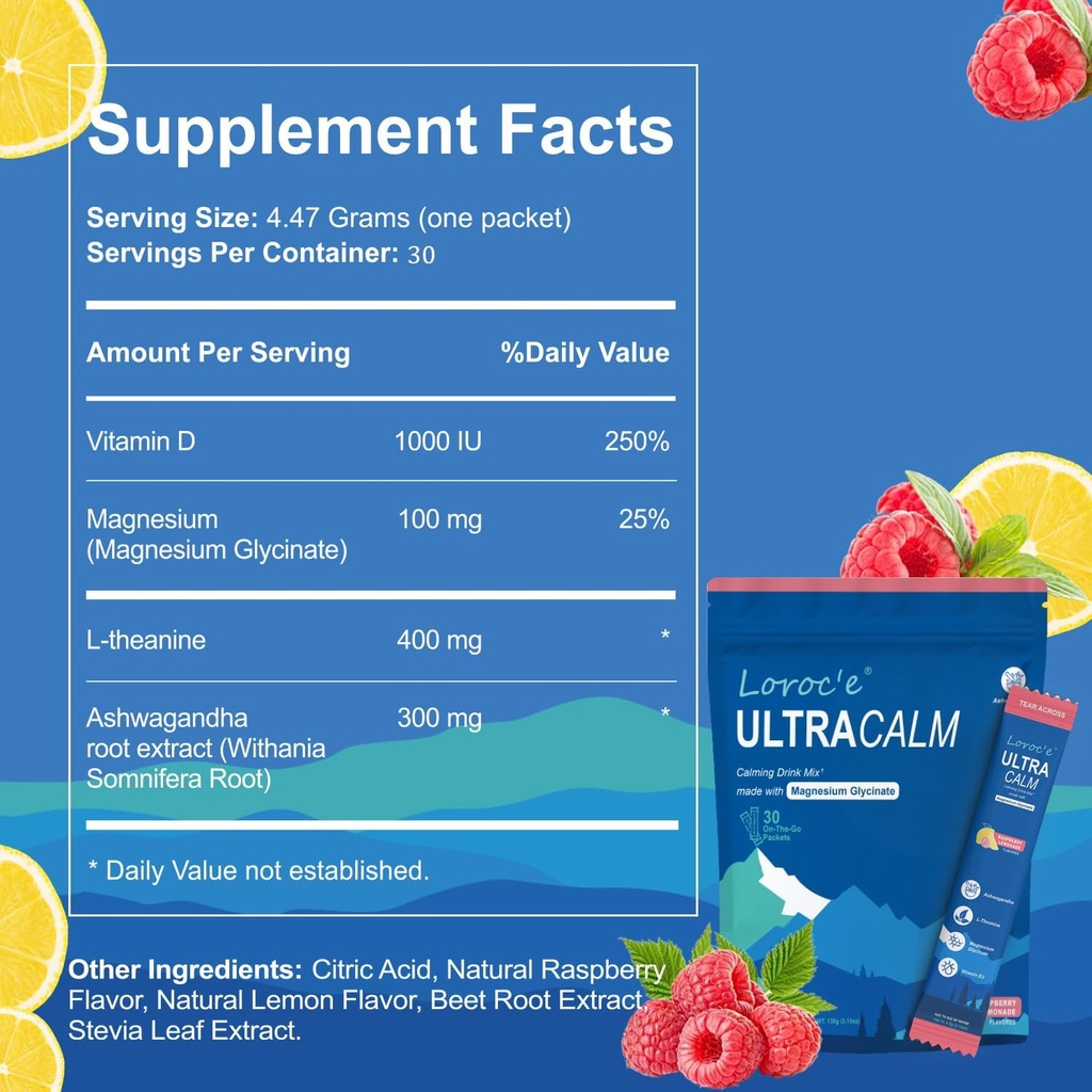UltraCalm Super Cortisol Ποτό, Ήρεμο Μαγνήσιο Γλυκινικό Σκόνη (30 σερβιέτες), L-θεανίνη, Ashwagandha, Βιταμίνη D, Χωρίς Ζάχαρη, Βατόμουρο Λεμονάδα Ηλεκτρολύτες σκόνη-1