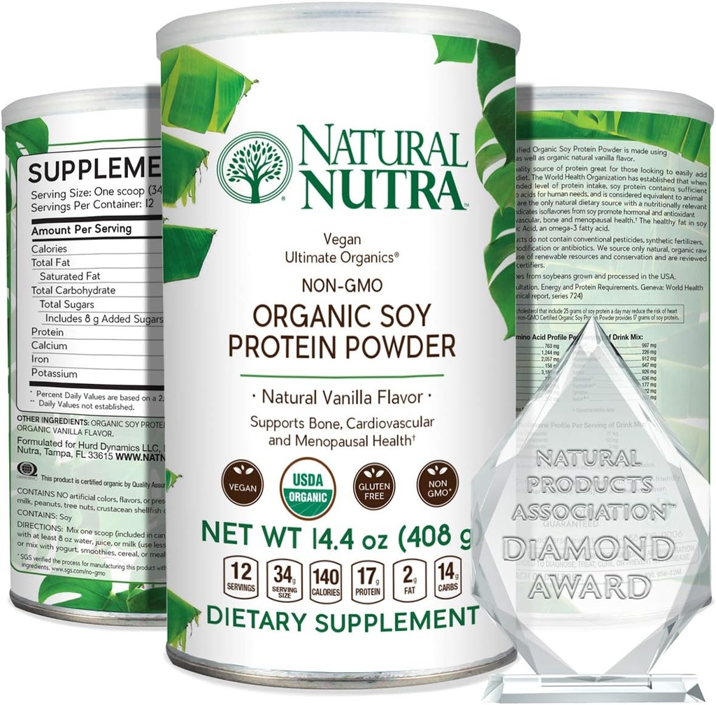 Natural Nutra Organic Vegan Plant Based Soy Protein Sowder, Support Midlife Transition, Supports Bone and Βελτιώνει την Καρδιαγγειακή Υγεία, Χωρίς Γλουτένη, Μη ΓΤΟ, Χωρίς Ζάχαρη 14,4 OZ.