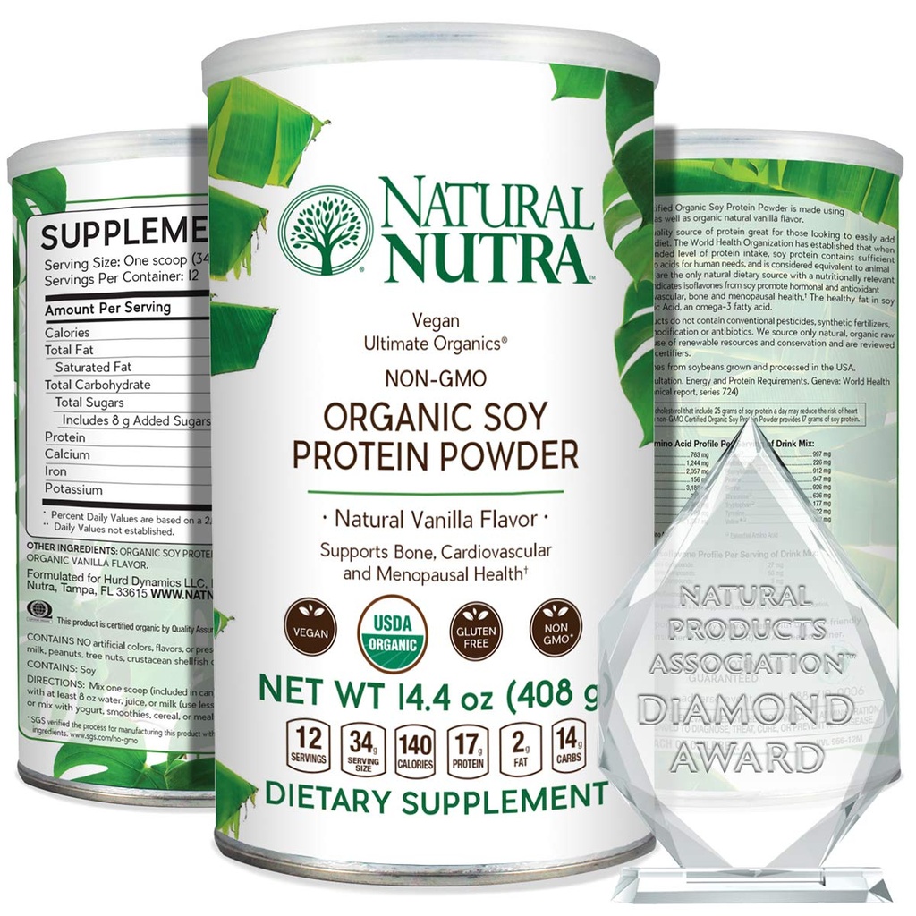 Natural Nutra Organic Vegan Plant Based Soy Protein Sowder, Support Midlife Transition, Supports Bone and Βελτιώνει την Καρδιαγγειακή Υγεία, Χωρίς Γλουτένη, Μη ΓΤΟ, Χωρίς Ζάχαρη 14,4 OZ.