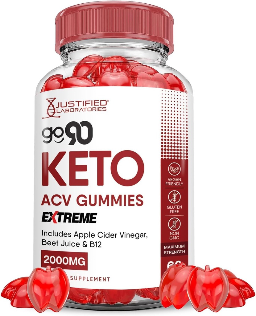Justified Laboratories Go 90 Keto ACV Gummies Extreme 2000MG Go90 Keto Gummies Apple Cider Vinegar Formated with Pomegranate Beet Juice Powder B12 Vegan Non GMO 60 Gummys