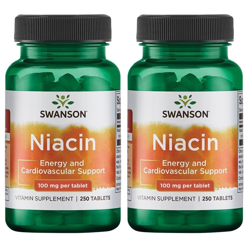 Swanson Niacin (Vitamin B3) - Συμπλήρωμα βιταμίνης που υποστηρίζει την υγεία της καρδιάς και υδατάνθρακες Μεταβολισμός - Προάγει την παραγωγή φυσικής ενέργειας - (250 δισκία, 100 mg NE έκαστο) (2 συσκευασία)