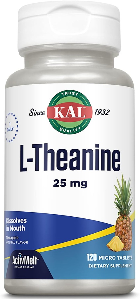 KAL L Theanine 25 mg ActivMelt - Relaxation, Stress, Mood and Focus Supplement - Delicious Natural Pineapple Flavor with Stevia - Vegetarian - 120 Servings, 120 Instant Dissolve Micro Tablets