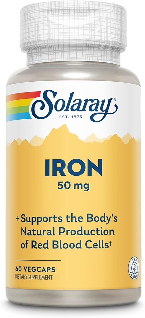 Σίδηρος κάψουλες SOLARAY 50mg - Συμπλήρωμα σιδήρου για γυναίκες και άνδρες w/Parsley και κίτρινη ρίζα Dock, υποστηρίζει φυσική παραγωγή του σώματος των ερυθρών κυττάρων αίματος, 60 ημερών εγγύηση, 60 υπηρεσίες