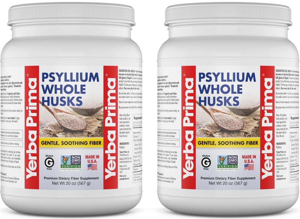 Yerba Prima Ολόκληρο το Psyllium Husk Fiber Συμπλήρωμα 20 oz (πακέτο του 2) - Vegan, Χωρίς γλουτένη, Μη ΓΤΟ