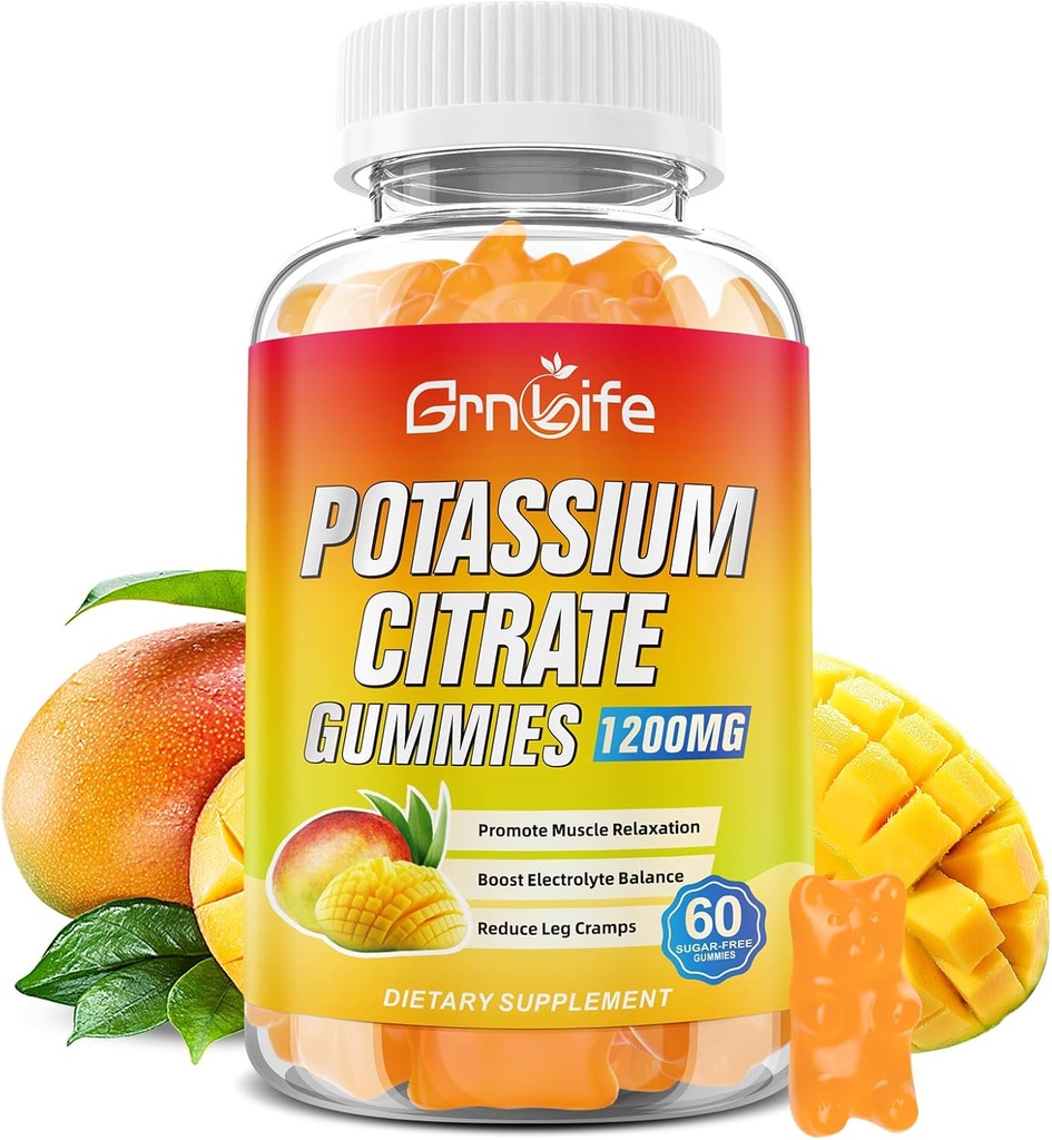 Κάλιο Κιτρικό Gummies, Υψηλής Συμπληρώματος Κάλιο Γκάμιες 1200mg για ενήλικες & παιδιά, Πόδι Υποστήριξης Cramps & Μυική Υγεία, Vegan, Mango Γεύση 60 Count