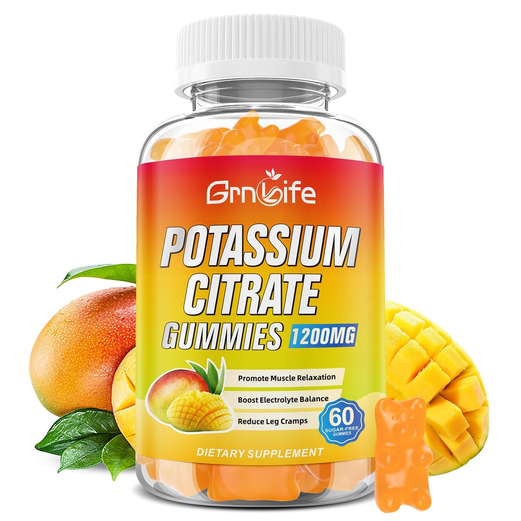 Κάλιο Κιτρικό Gummies, Υψηλής Συμπληρώματος Κάλιο Γκάμιες 1200mg για ενήλικες & παιδιά, Πόδι Υποστήριξης Cramps & Μυική Υγεία, Vegan, Mango Γεύση 60 Count