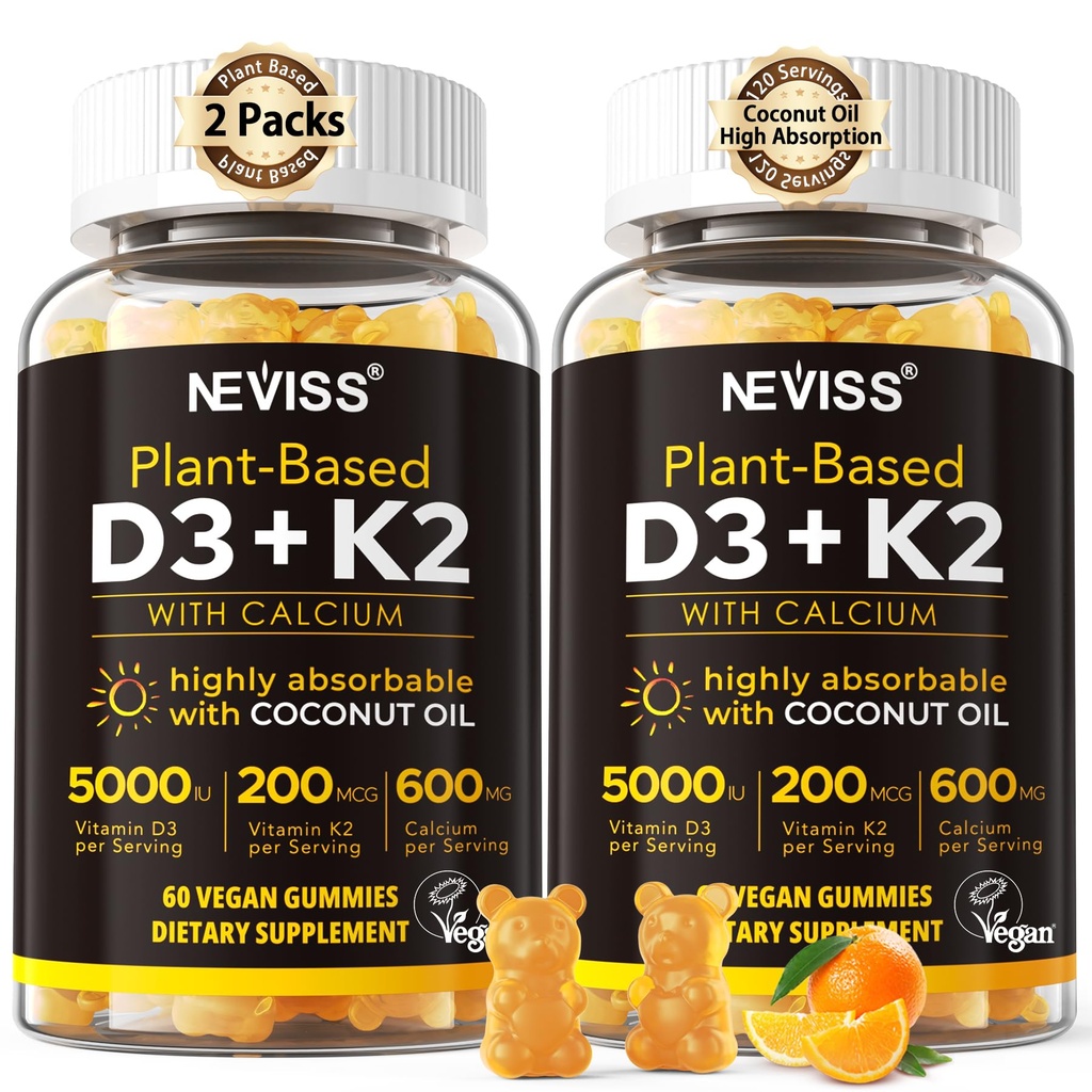 Βιταμίνη D3 5000iu & K2( ως MK7 ) 200mcg Gummies + 600mg Ασβέστιο, με έλαιο καρύδας για υψηλή απορρόφηση, μέγιστη δύναμη Βιταμίνη D3 K2 συμπλήρωμα - Υποστήριξη για τα οστά μυϊκά δόντια Ανοσοποιητικό, Vegan 2Packs