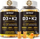 Βιταμίνη D3 5000iu & K2( ως MK7 ) 200mcg Gummies + 600mg Ασβέστιο, με έλαιο καρύδας για υψηλή απορρόφηση, μέγιστη δύναμη Βιταμίνη D3 K2 συμπλήρωμα - Υποστήριξη για τα οστά μυϊκά δόντια Ανοσοποιητικό, Vegan 2Packs