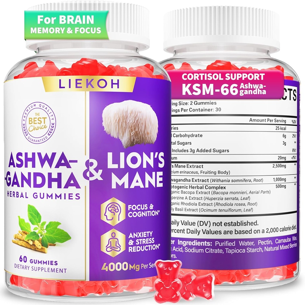 Ashwagandha Gummies - Organic Ashwagandha & Lions Mane Gummies για Ενήλικες με 4 Adaptogenic Herb για το στρες, Γνωστική & Ανοσολογική Υποστήριξη