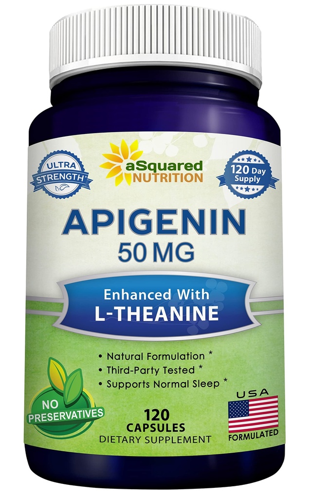 aSquared Nutrition Apigenin 50mg & L-Θεανίνη 200mg - 120 Κάψουλες - χάπια συμπλήρωμα Apigenin για ύπνο και χαλάρωση - Φυσικό εκχύλισμα Bioflavonoid Βρέθηκε στο τσάι χαμομήλι