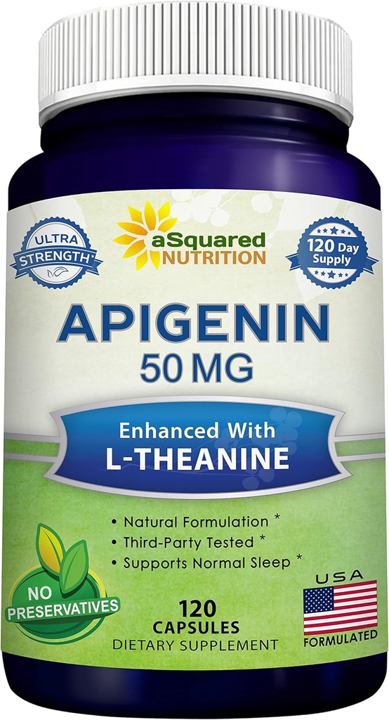 aSquared Nutrition Apigenin 50mg & L-Θεανίνη 200mg - 120 Κάψουλες - χάπια συμπλήρωμα Apigenin για ύπνο και χαλάρωση - Φυσικό εκχύλισμα Bioflavonoid Βρέθηκε στο τσάι χαμομήλι