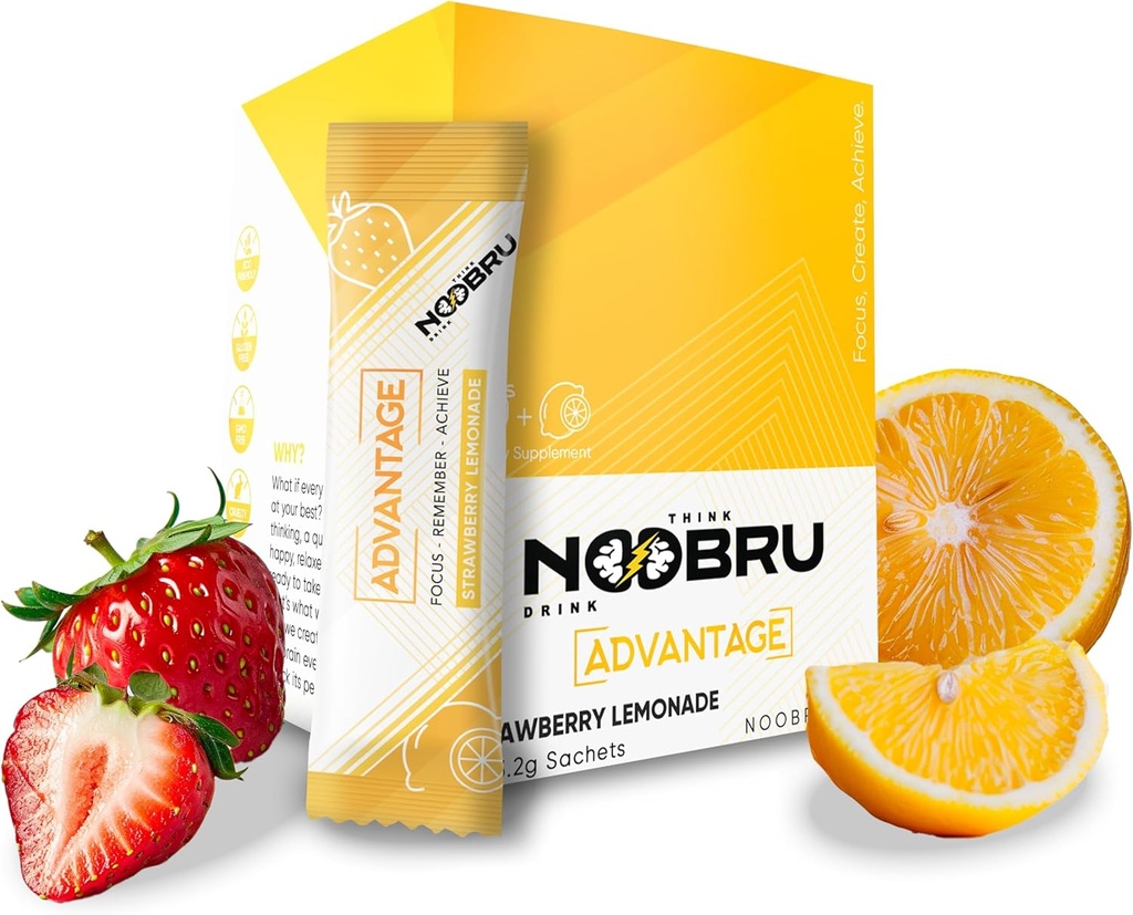Noobru Аdvantage Nootropic - Delicious Nootropics Brain Supplement with 11 Active Ingredients - Natural Cognitive Enhancer - 20 Strawberry Lemonade Sachets - 1 Month Supply, 20 Count (Pack of 1)