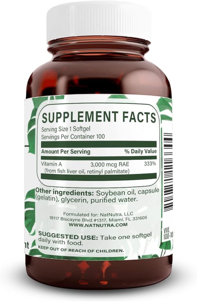 Natural Nutra Vitamin A 10. 000 IU Softgels – Υψηλής ισχύος Βιταμίνες ματιών και δέρματος – Χωρίς γλουτένη - Συμπλήρωμα για την Όραση & Υγεία του Δέρματος – Λάδι από συκώτι ψαριών για άνδρες και γυναίκες, Χωρίς γλουτένη 100 Softgels (3 Pack)