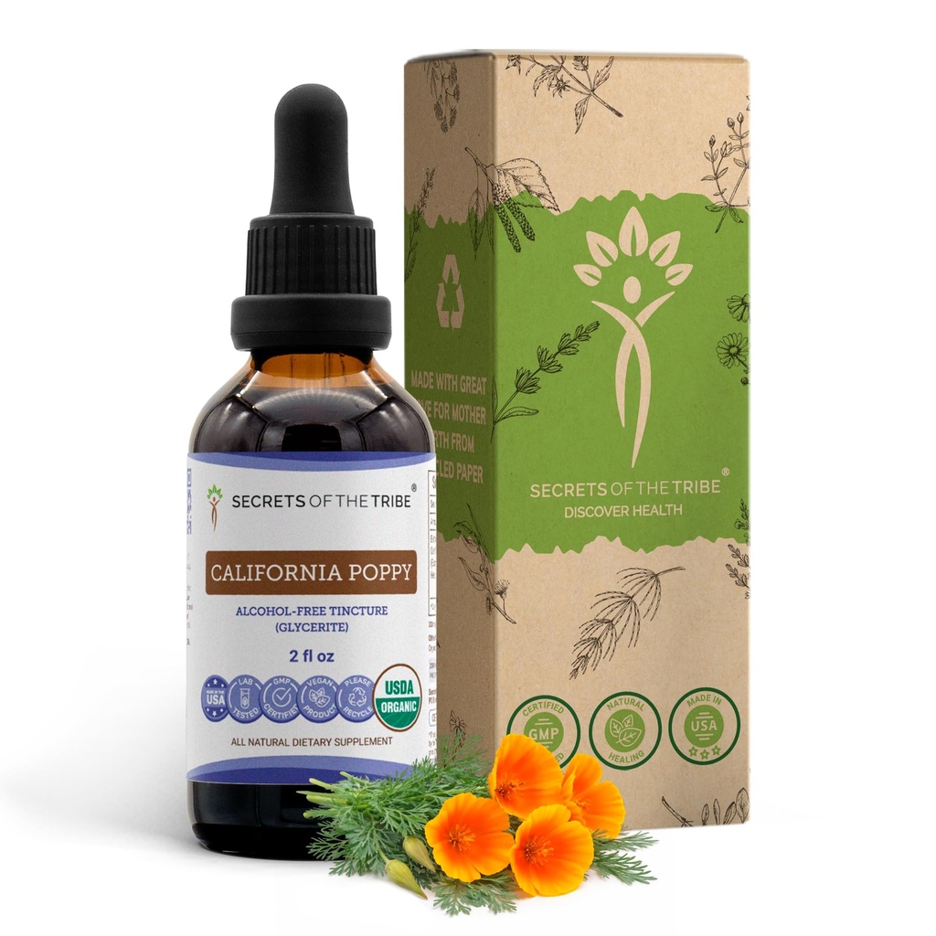 Μυστικά της φυλής California Poppy Tincture Liquid Extract, USDA Organic California Poppy (Escholzia Californica) Αποξηραμένη Ρίζα (2 FL OZ)