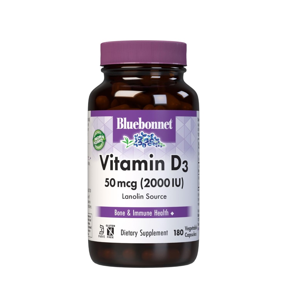 Bluebonnet Διατροφή Βιταμίνη D3 2000 IU Καψάκιο λαχανικών, Ενίσχυση στη μυϊκή και σκελετική ανάπτυξη, Χοληκαλσιφερόλη από Lanolin, D3, Μη ΓΤΟ, Χωρίς γλουτένη, Χωρίς σόγια, Χωρίς γάλα, Kosher, 180 Καψάκιο λαχανικών