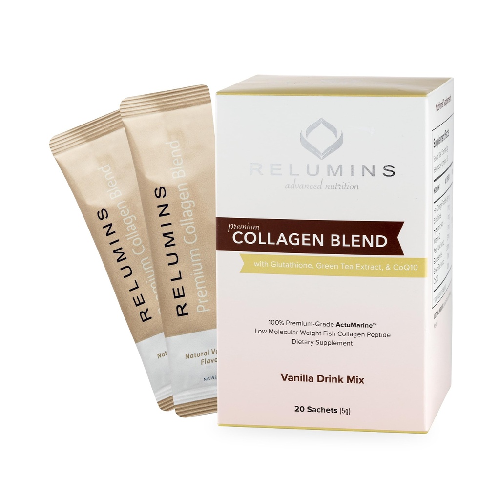 Relumins Marine Collagen Powder Drink Mix - Collagen Peptide με Glutathione, Πράσινο Τσάι, CoQ10, & Hyaluronic Acid Ενισχύει Απαλό Λαμπερό Δέρμα - 20 Σακάκια σκόνης x Βανίλια Γεύση + 2 Δωρεάν Σακάκια