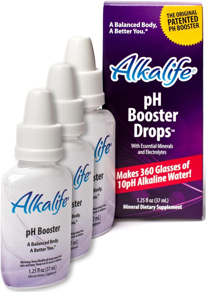 Alkalife Alkaline Water Drops - Το πρώτο πατενταρισμένο Alkalising pH Booster w/Minerals & Electrolytes - Υπόλοιπο pH, Ουδέτερο οξύ, Ανοσοποιητική υποστήριξη, Μέγιστη απόδοση, Detox, Συνολική ευεξία - Συσκευασία των 3