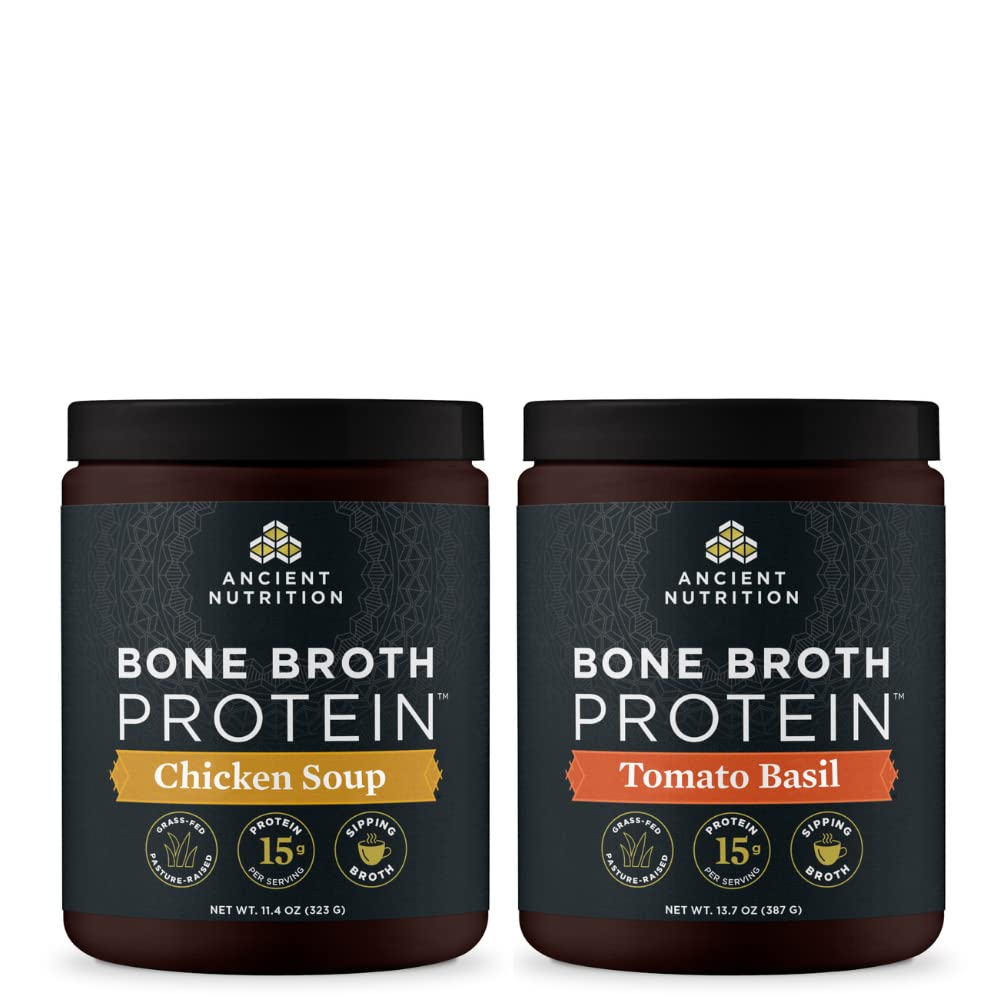 Ancient Nutrition Bone Broth Protein Powder, Chicken Soup, 15 Servings + Bone Broth Protein Powder, Tomato Basil, 15 Servings