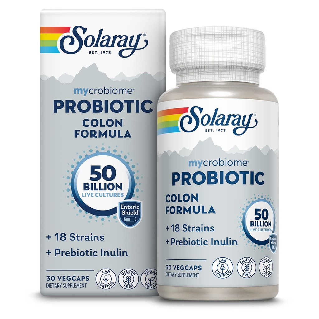 SOLARAY Mycrobiome Probiotic Colon Formula, Vegan, Digestive Function, Colon Health, and Immune System Support, 50 Billion CFU, 18 Strains, Prebiotic Inulin, 60-Day Εγγύηση, 30 Υπηρεσίες, 30 VegCaps