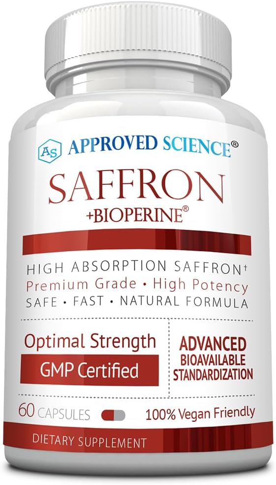 Εγκεκριμένο Saffron Science® Τυποποιημένο σε 3% Crocin, 2% Safranal - Υψηλής Απορρόφησης BioPerine - Vegan, 60 Κάψουλες - Συσκευασία 1