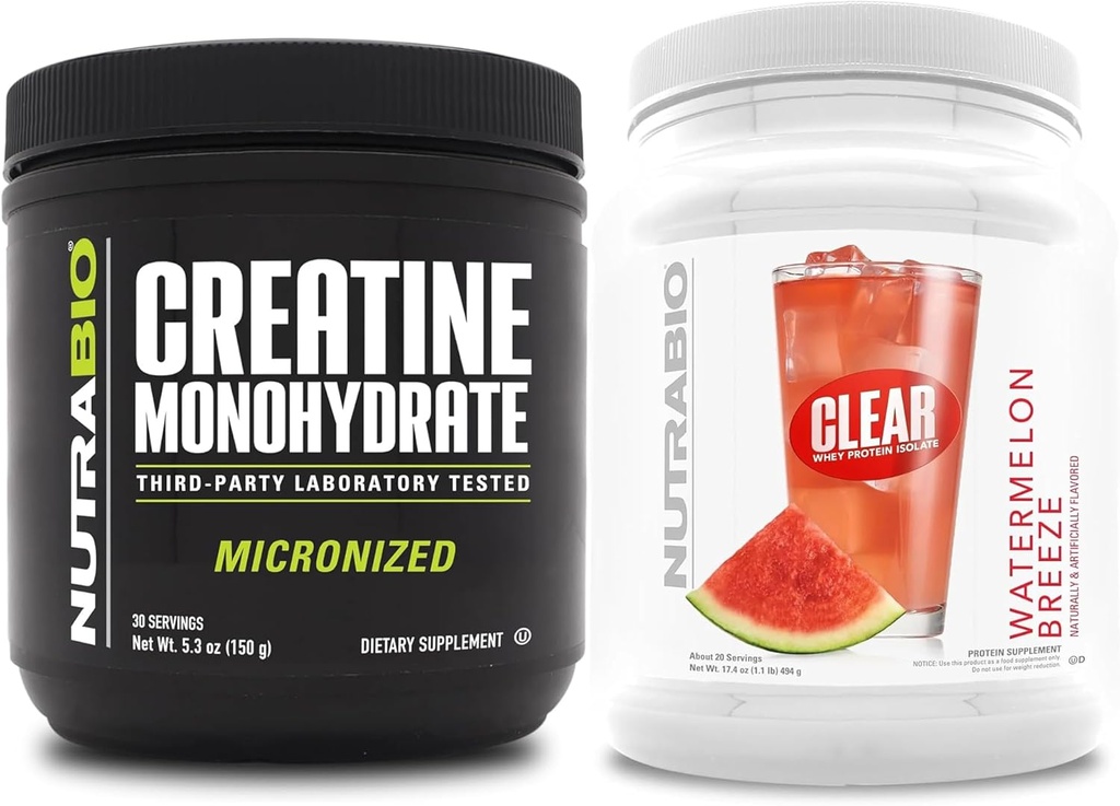 NutraBio Creatine Monohydrate, Unflavored, (150 g) και Clear Whey Protein Isolate, (Watermelon Breeze) συμπλήρωμα Bundle – μυϊκή ενέργεια, μέγιστη ανάπτυξη, ανάκτηση και δύναμη