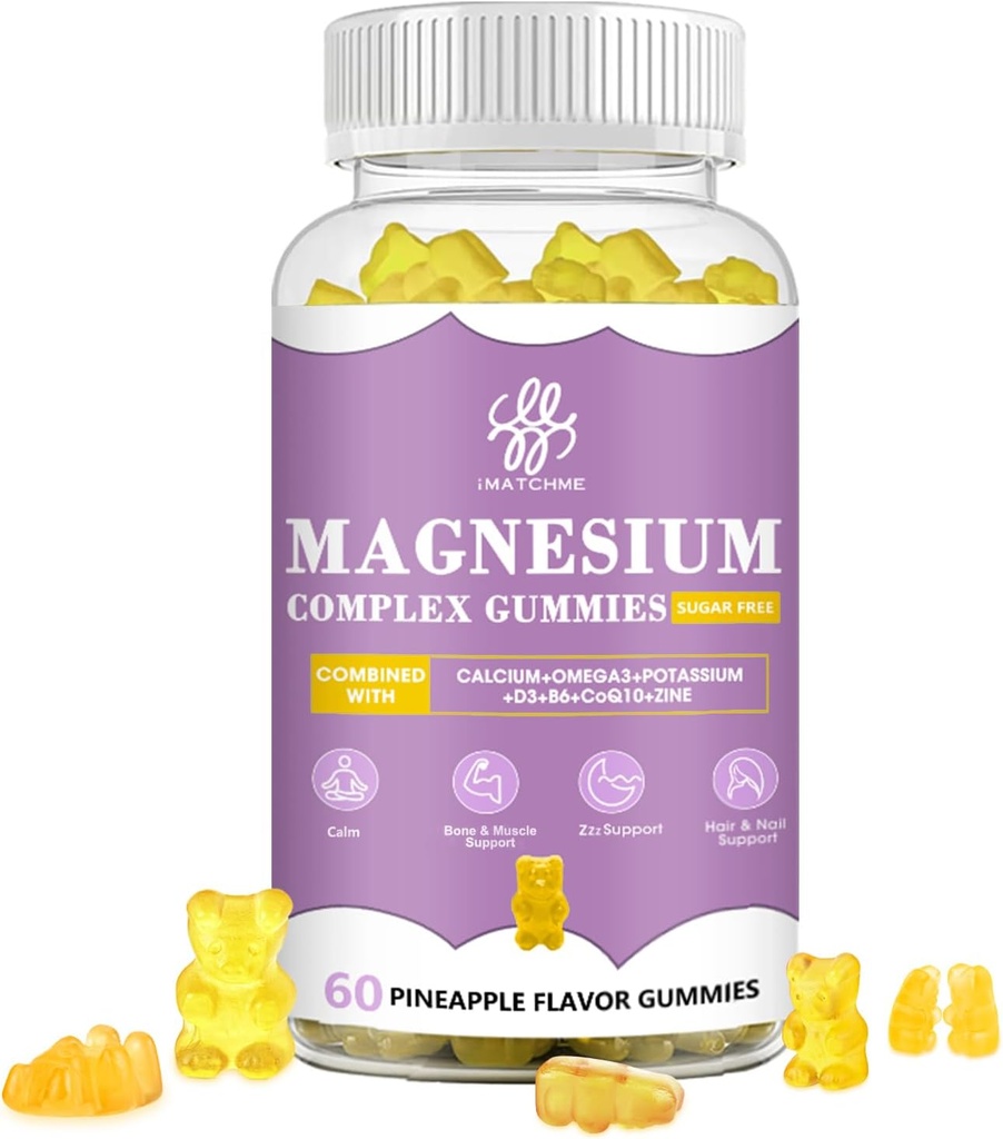 iMATCHME Magnesium Glycinate Gummies with Magnesium Malate, Taurate, Citrate, Potassium Complex Supplement with CoQ10, Calcium, Supports for Memory, Bone, Calm, Sleep, 60 Pineapple Gummies