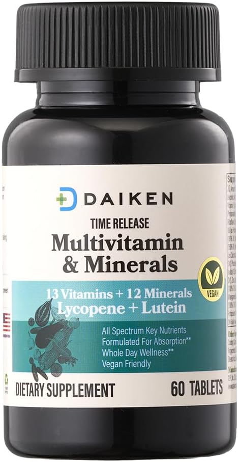 DAIKEN Mini Multivitamin, 60 Tablets, Ενισχυμένο με λουτεΐνη, Λυκοπένιο & Φολικό Οξύ, Πολυβιταμίνη που απελευθερώνεται στο χρόνο για γυναίκες & άνδρες, Vegan & Easy to Swallow