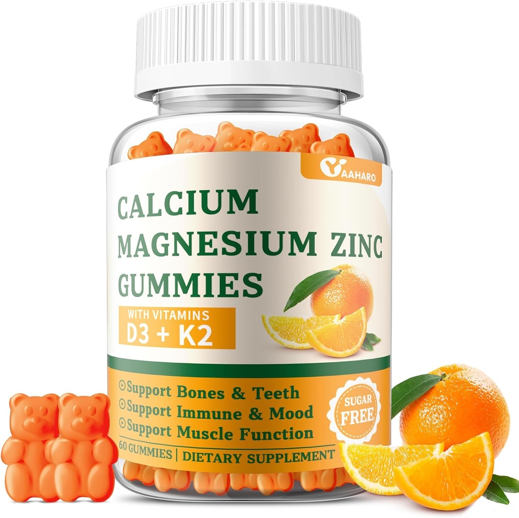 Ασβέστιο Μαγνήσιο Ψευδάργυρος Gummies με βιταμίνη D3 & K2 - Ζάχαρη Χωρίς Ασβέστιο Gummies για γυναίκες και άνδρες - Οστέινο & Ανοσοποιητικό Υποστήριξη - Μη ΓΤΟ, Χωρίς γλουτένη, Πορτοκαλί Γεύση - 60 Gummies