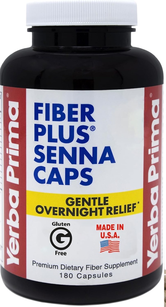 Yerba Prima Fiber Plus Senna Κάψουλες, 180 Count - Απαλά Overnight Relief, USA Made, Μη ΓΤΟ, Χωρίς γλουτένη