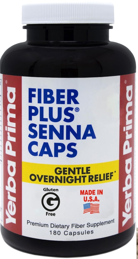 Yerba Prima Fiber Plus Senna Κάψουλες, 180 Count - Απαλά Overnight Relief, USA Made, Μη ΓΤΟ, Χωρίς γλουτένη