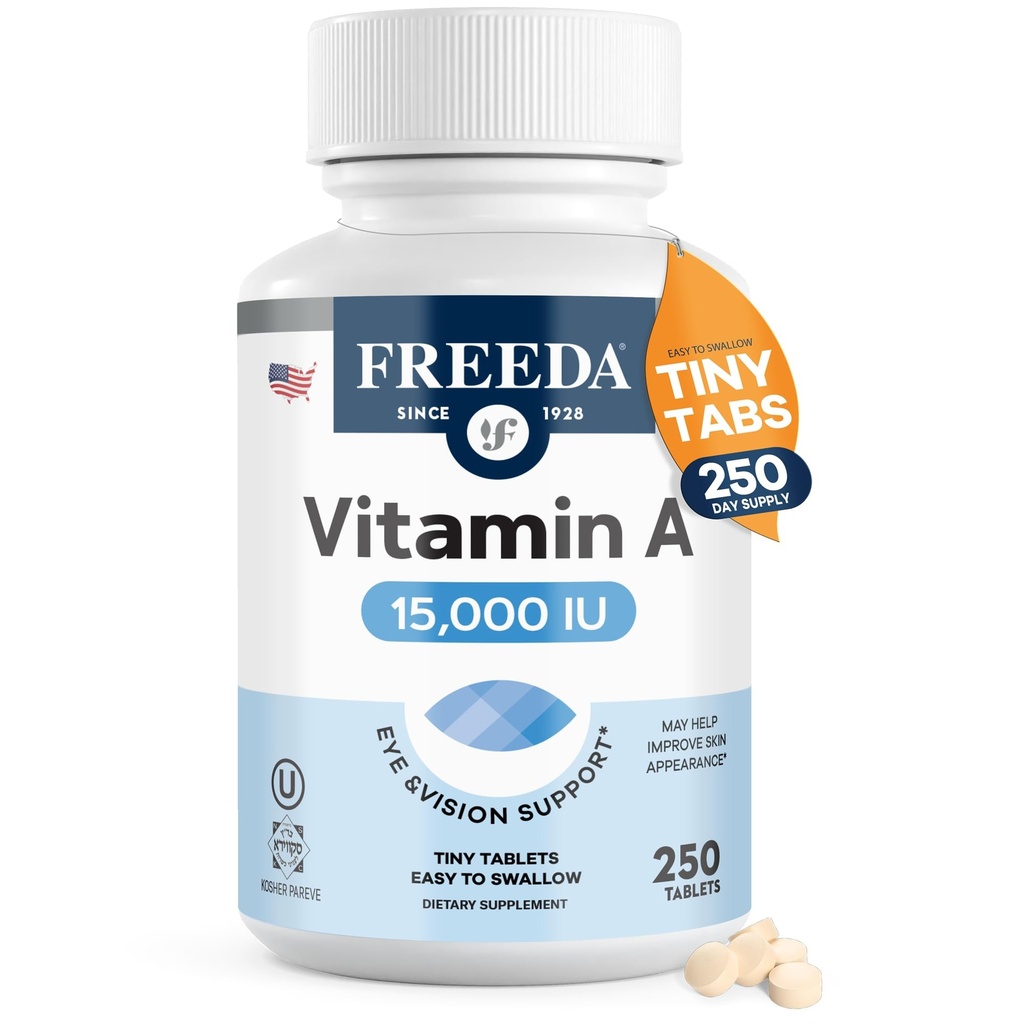 Freeda Vitamin A 15,000 IU – Retinyl Palmitate – Vegan, Kosher, No Fish – Eye, Vision, Immune & Skin Support – Tiny Easy-to-Swallow Tablets – VIT A Vitamina A Supplement – 250 Tablets