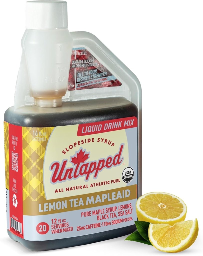Ανεκμετάλλευτη Λεμονάδα Τσάι Mapleaid - 20 Σερβίρει 16 fl oz Μαζική Μπουκάλι Βιολογικό Σιρόπι Σφενδάμνου, Χυμό Λεμονιού & Μαύρο Τσάι Τρέξιμο Καύσιμο Ηλεκτρόλυτες & Καφεΐνη Φυσικά Powered by Pure Vermont Maple