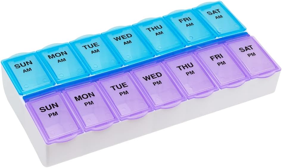 EZY DOSE Εβδομαδιαία (7-Ημέρα) AM/PM Καθημερινή υπόθεση χαπιών, Medicine Planner, Vitamim, Fish Oil, Συμπληρώματα Organizer Container, Μεγάλα Διαμερίσματα, 2 φορές την ημέρα, Μπλε και Μωβ Λίδες, BPA Δωρεάν