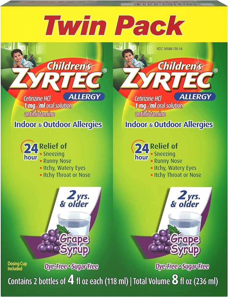 Zyrtec 24 Hr Children's Allergy Syrup with Cetirizine, Sugar-Free Grape, Twin Pack of 4 fl. oz
