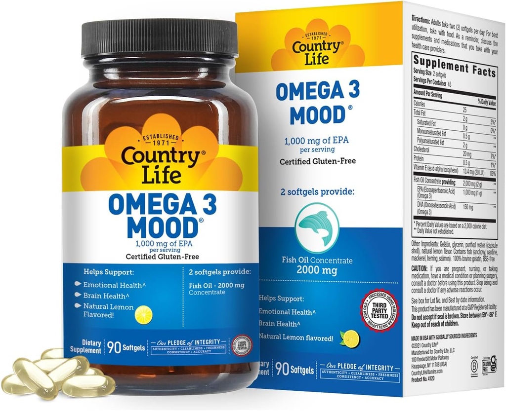 Country Life Omega 3 Mood – 2000mg ιχθυέλαιο με EPA & DHA – Εγκέφαλος, καρδιά & Mood Υποστήριξη – Λεμόνι Γεύση, Δεν Ψάρια Επίγευση – Πιστοποιημένο Χωρίς Γλουτένη, Μη ΓΤΟ – 90 Softgels
