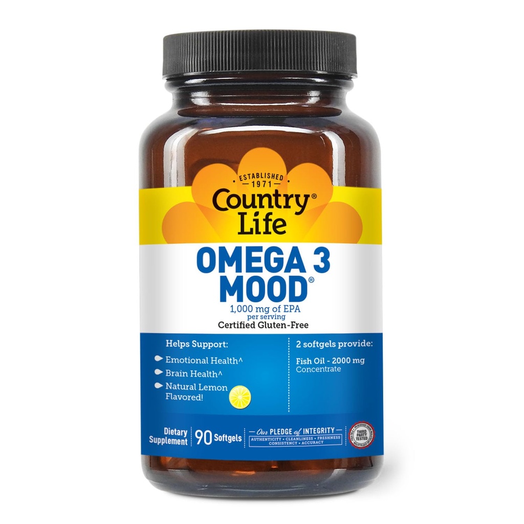 Country Life Omega 3 Mood – 2000mg ιχθυέλαιο με EPA & DHA – Εγκέφαλος, καρδιά & Mood Υποστήριξη – Λεμόνι Γεύση, Δεν Ψάρια Επίγευση – Πιστοποιημένο Χωρίς Γλουτένη, Μη ΓΤΟ – 90 Softgels