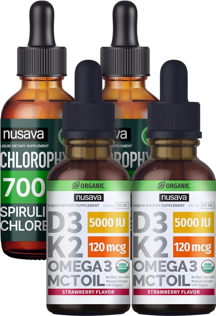 NUSAVA Φράουλα Γεύσεις D3 K2 σταγόνες και Chlorophyl Υγρές σταγόνες Bundle - Ισχυρές Υγρές Βιταμίνες για την καρδιά, κοινή, ενέργεια, & ανοσοποιητική υποστήριξη - Μη-GMO, χωρίς γλουτένη, 2pk κάθε