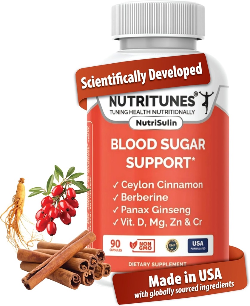 Blood Sugar Complex with Berberine, Ceylon Cinnamon, Panax Ginseng & Chromium – Supports Healthy Sugar Metabolism – 90 NutriSulin Supplement Capsules
