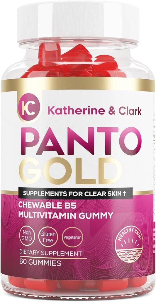 Katherine & Clark Panto Gold Βιταμίνη Β5 Παντοθενικό Οξέο Gummies για Ακμή - Δέρμα μαλλιών και νύχια Gummies - Βιοτίνη, ψευδάργυρος, Φολικό Οξύ Μασώμενο Μη-GMO Γλουτένη-Δωρεάν για το σώμα - λιπαρό Δερμάτινο Gummies - 60 Count