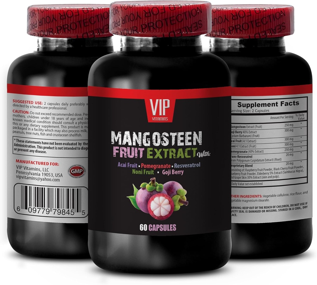 VIP VITAMINS Mangosteen, Mangosteen Extract - εκχύλισμα φρούτων Mangosteen - Acai Berry, Goji Berry, Ρόδι, Noni, Trans-Reεσβερατρόλη, Φρούτα με μούρα, Δέρμα σταφυλιού - 1 φιάλη 60 κάψουλες