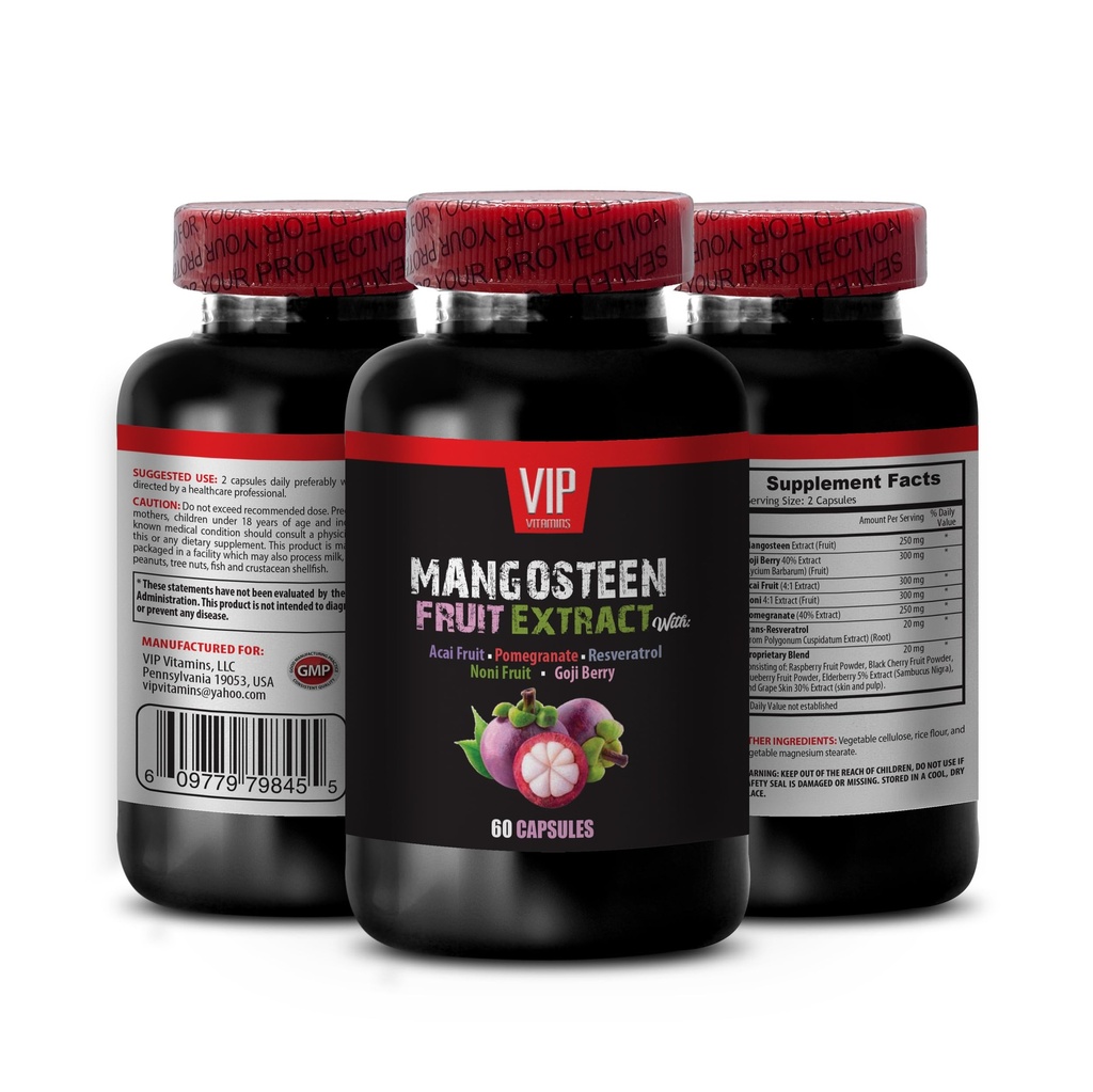 VIP VITAMINS Mangosteen, Mangosteen Extract - εκχύλισμα φρούτων Mangosteen - Acai Berry, Goji Berry, Ρόδι, Noni, Trans-Reεσβερατρόλη, Φρούτα με μούρα, Δέρμα σταφυλιού - 1 φιάλη 60 κάψουλες