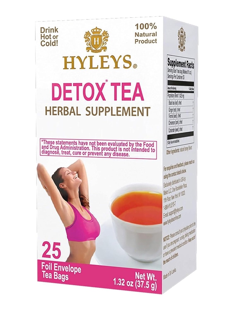 Hyleys Detox Τσάι για Καθαρισμό – Μαύρο Τσάι με Τζίντζερ, Μέλι και Κανέλα – 25 Τσάντες Τσάι (1 Πακέτο) – Υποστηρίζει Digetion, Detox & Bloating Relief